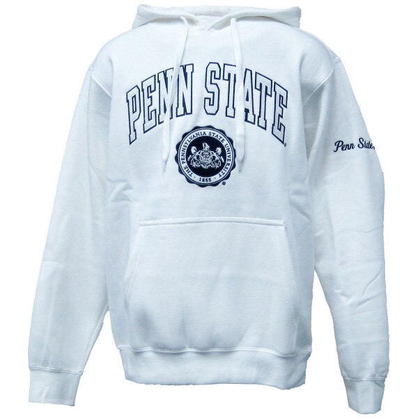 white hooded sweatshirt with arched Penn State above PSU Seal